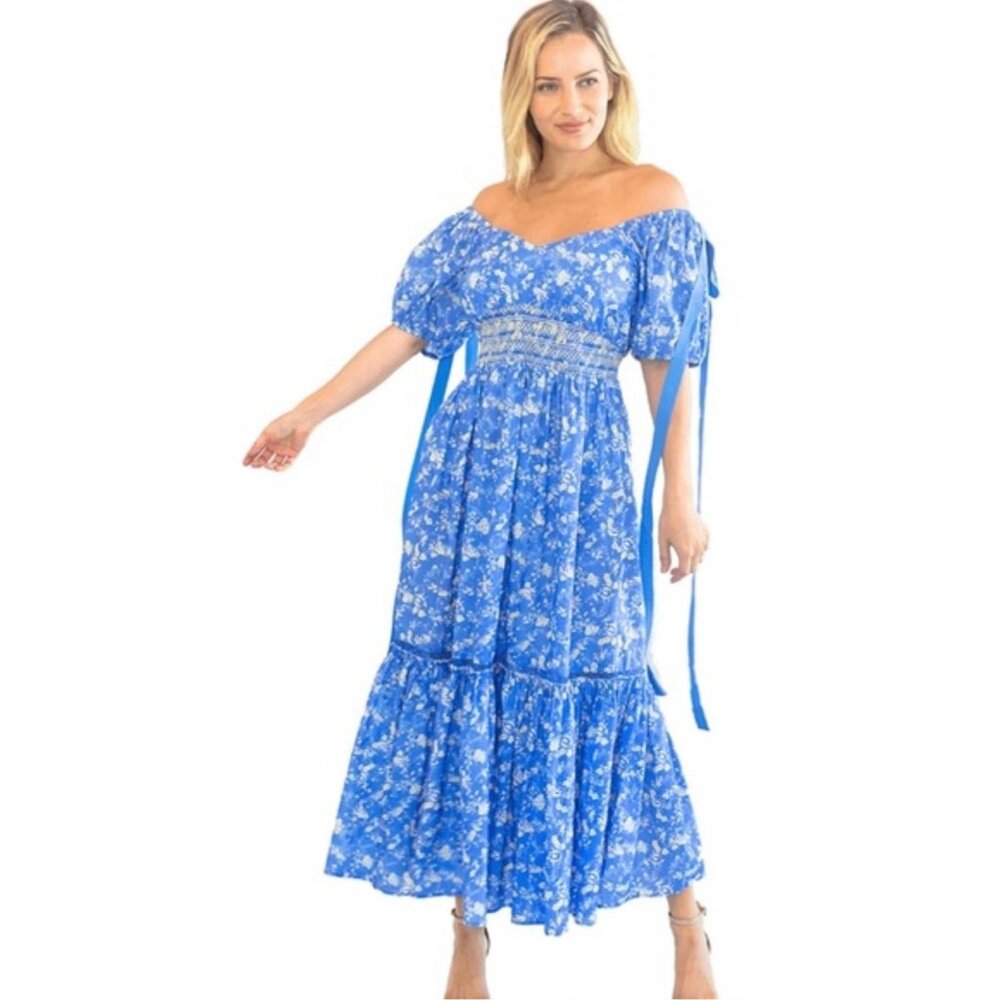 NWT LOVESHACKFANCY Angie Maxi Dress Blue Jay COTTON SZ6